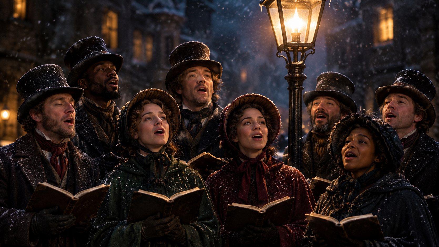 Carolers in Victorian dress singing beneath a gas street lamp in the falling snow